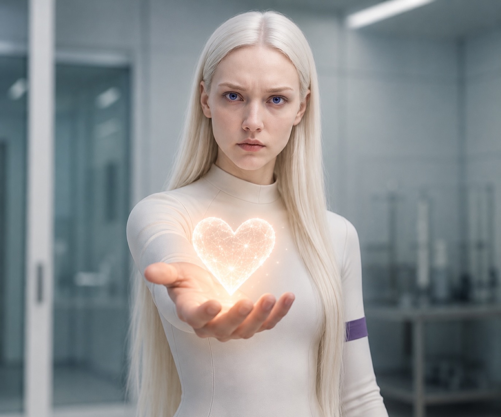 Eve, a pale-haired woman in a white suit in a clinical laboratory, holds out a glowing heart made of a network of light in her open palm